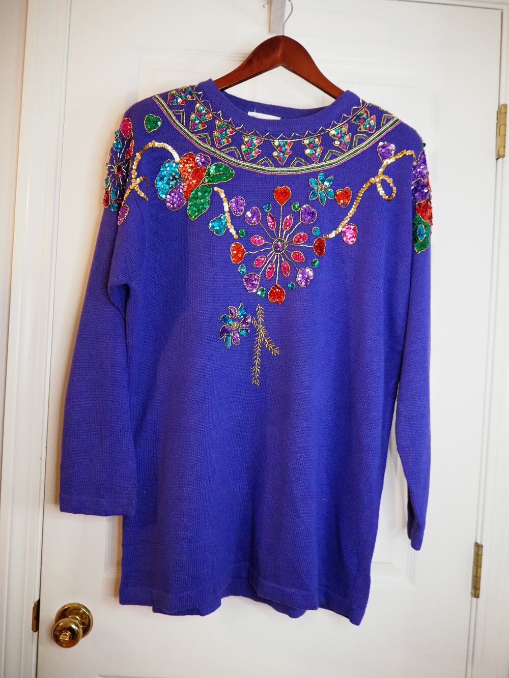 Vintage 1992 SML Sport Ltd Womens L Purple Sequin Beaded Tunic Sweater Ramie